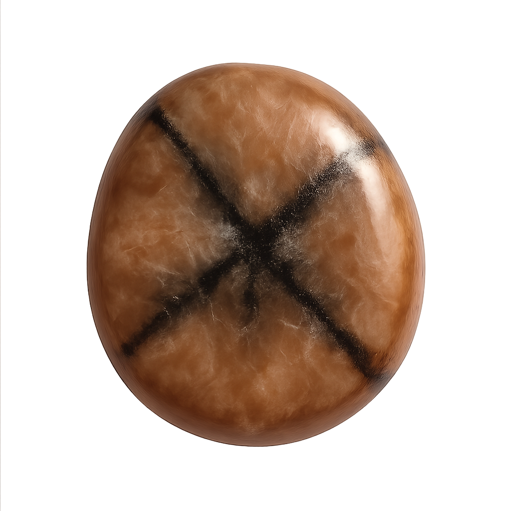 A polished Chiastolite, the cross-bearing variety of Andalusite, showing natural graphite inclusions forming a dark cruciform pattern inside a warm brown crystal. Photographed for the Gallery Gems Andalusite AF