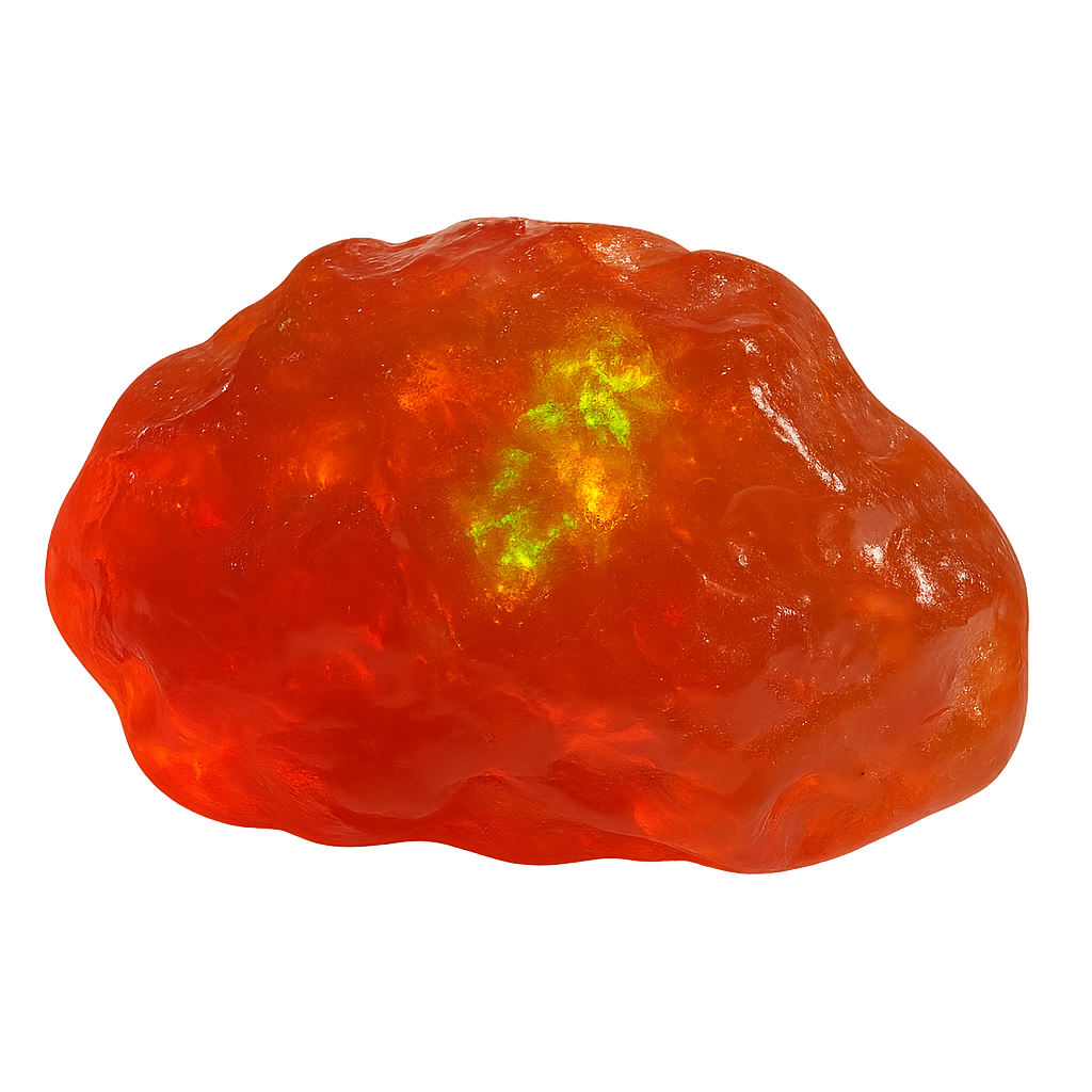 Fire Opal Rough Gemstone – Gallery Gems A vivid natural fire opal rough specimen glowing with internal orange-red light and flashes of green fire. Photographed for the Gallery Gems Fire Opal AF
